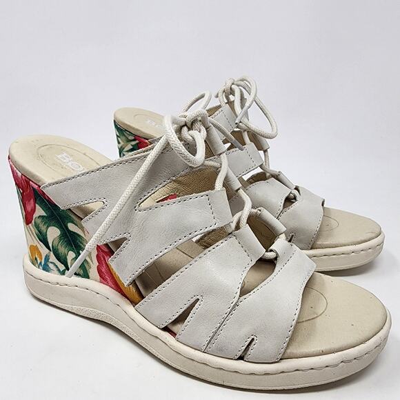 Born Wedge Sandals Women 7M Piru Tropical Floral Heel Bone White Leather F20101 - Picture 2 of 11